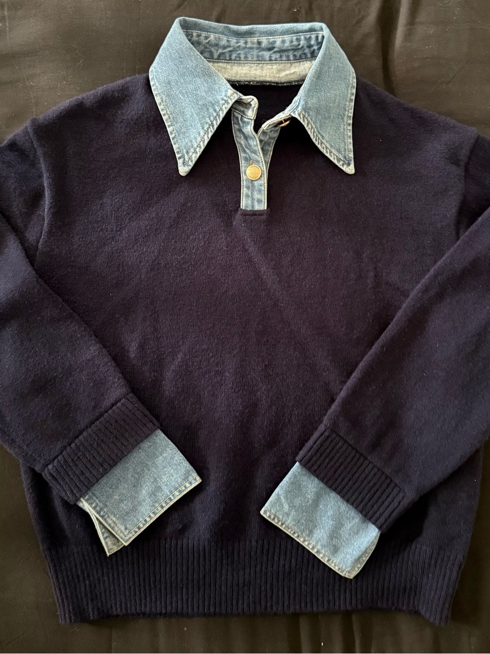 Women’s Navy Pullover Sweater with Denim-Style Collar